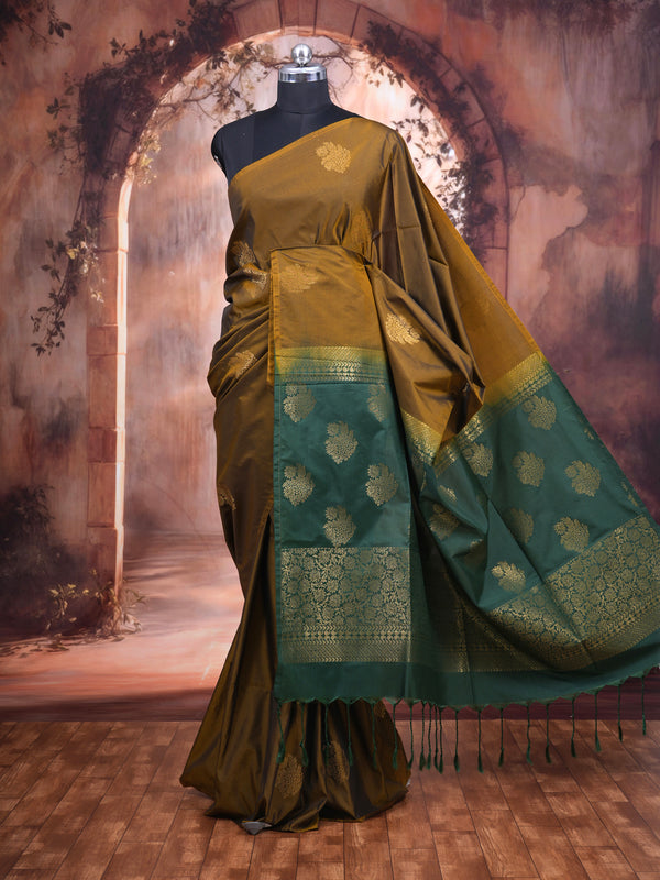 Mustard Gold with  Dark Green Semi Silk Saree