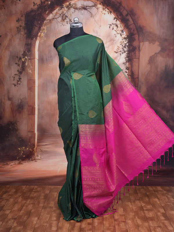 Bottle Green with Rani Pink Semi Silk Saree