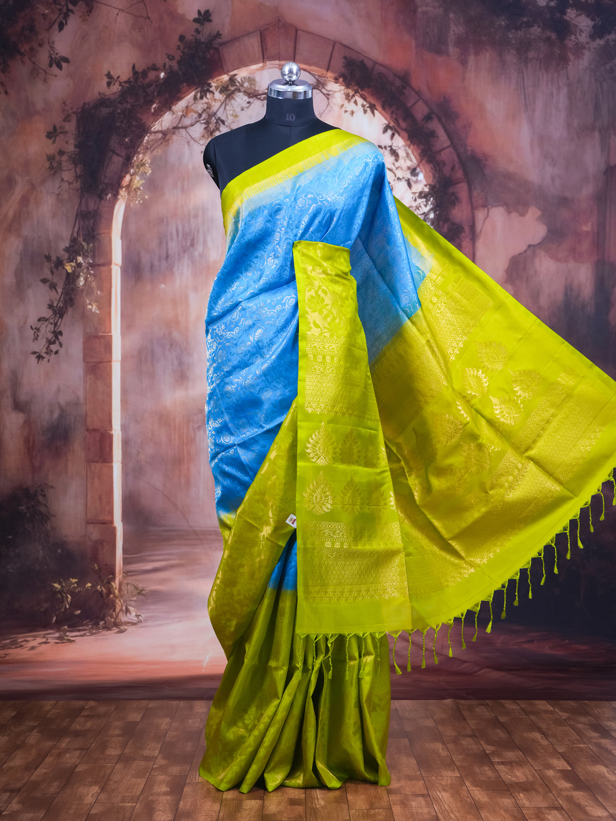 Vibrant Sky Blue & Lime Green Kanchipuram Style Silk Saree