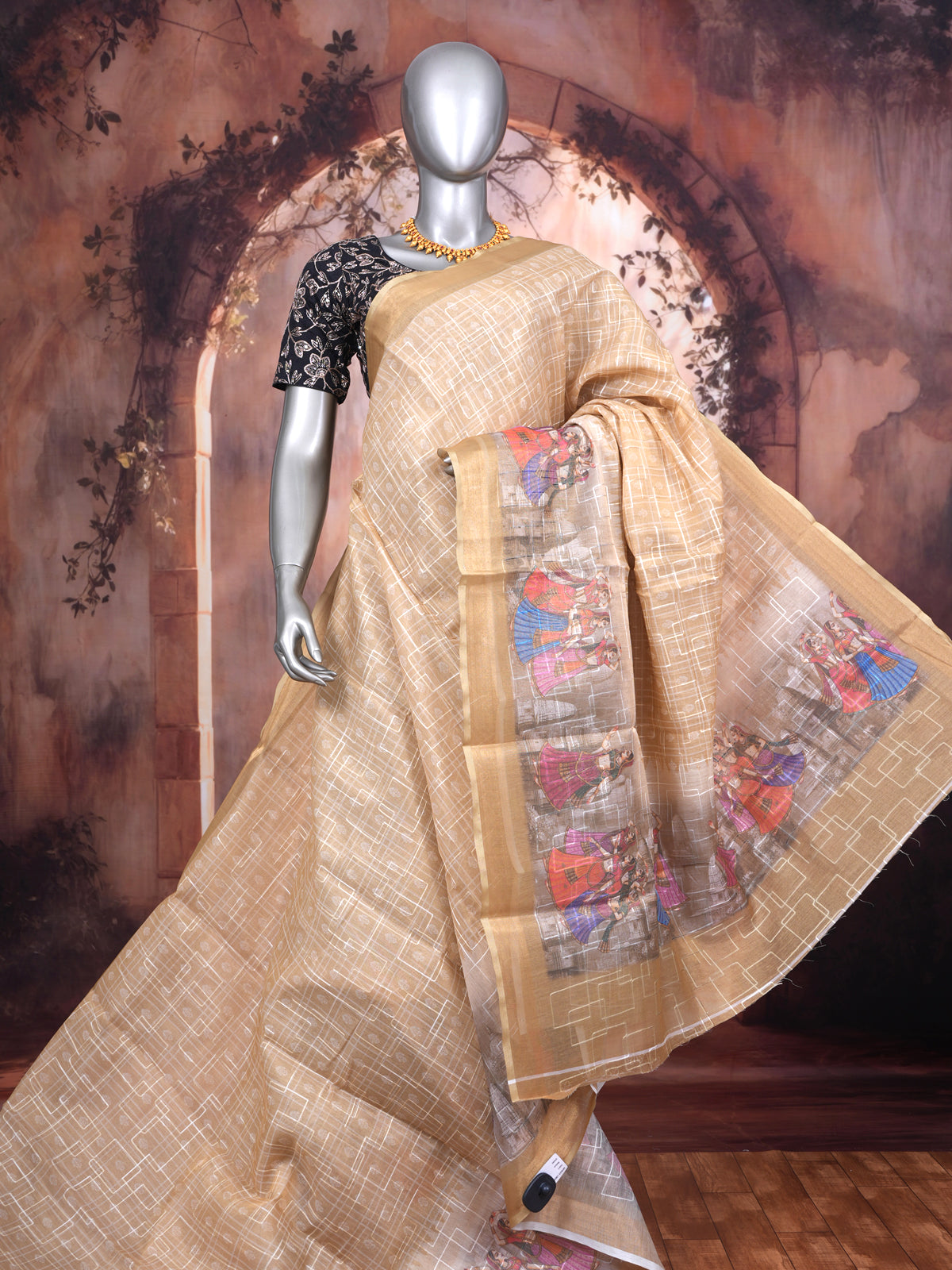 Beige with Multicolor Pallu - Linen Cotton Saree