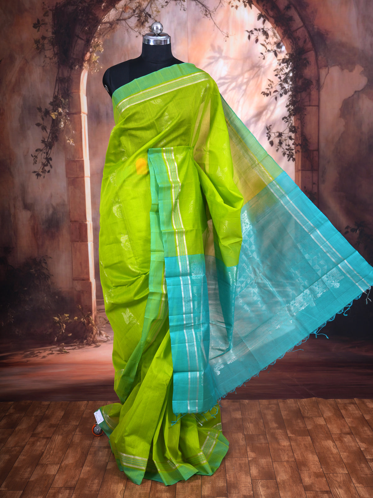 Lime Green with Turquoise Blue - Pure Silk Cotton Saree