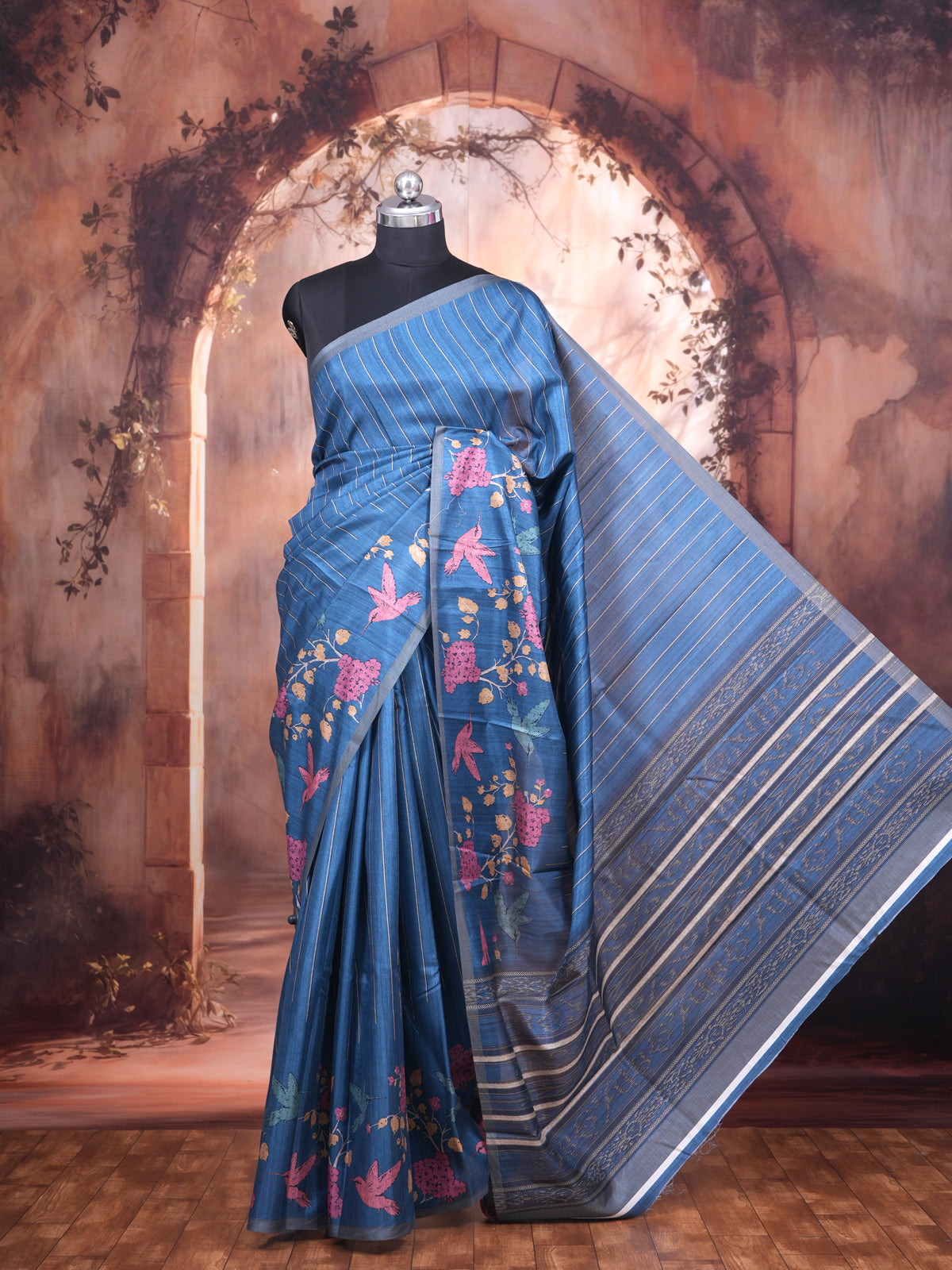 Steel Blue with Zari Stripes Pallu - Semi Tussar Saree