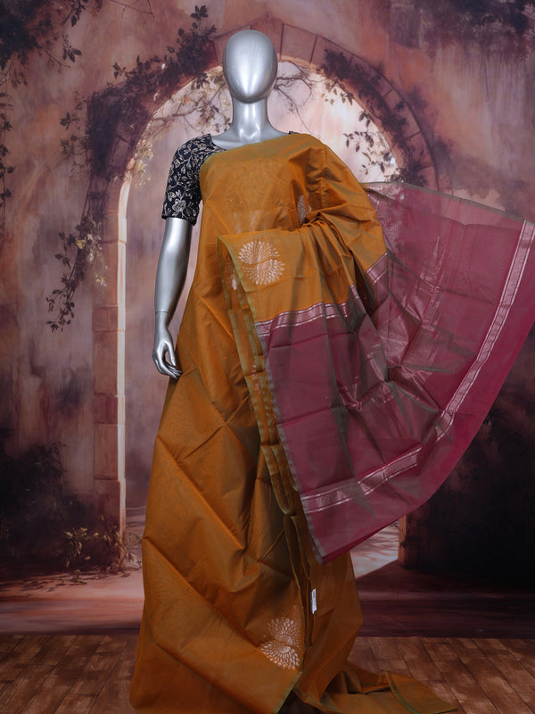 Mustard Yellow and Wine Red Silk Cotton Saree