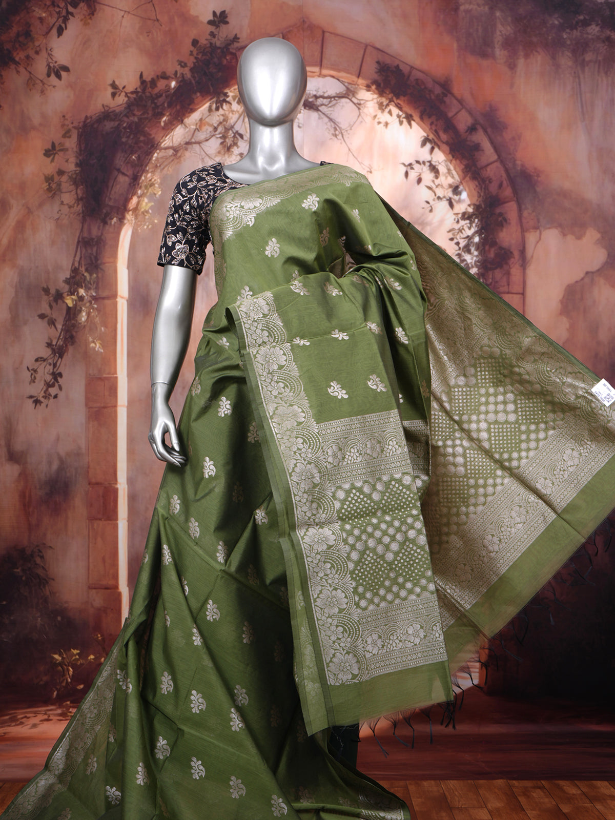 Olive Green Silk Cotton Saree