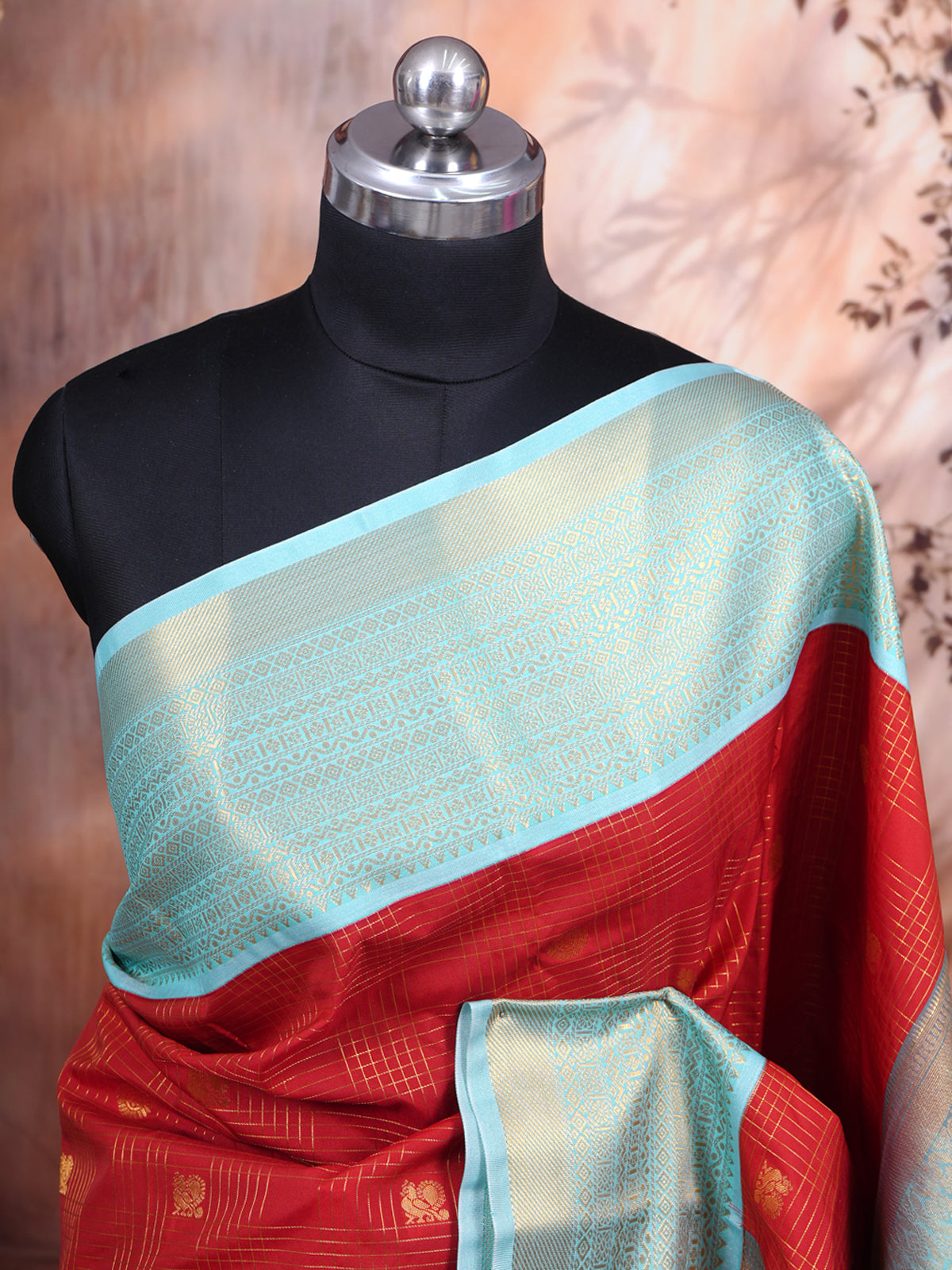 Red Saree with Sky Blue Kanchipuram Fancy Silk Saree