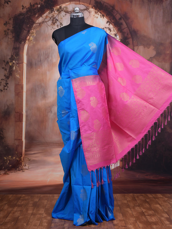 Sky Blue with rani pink Semi Silk Saree