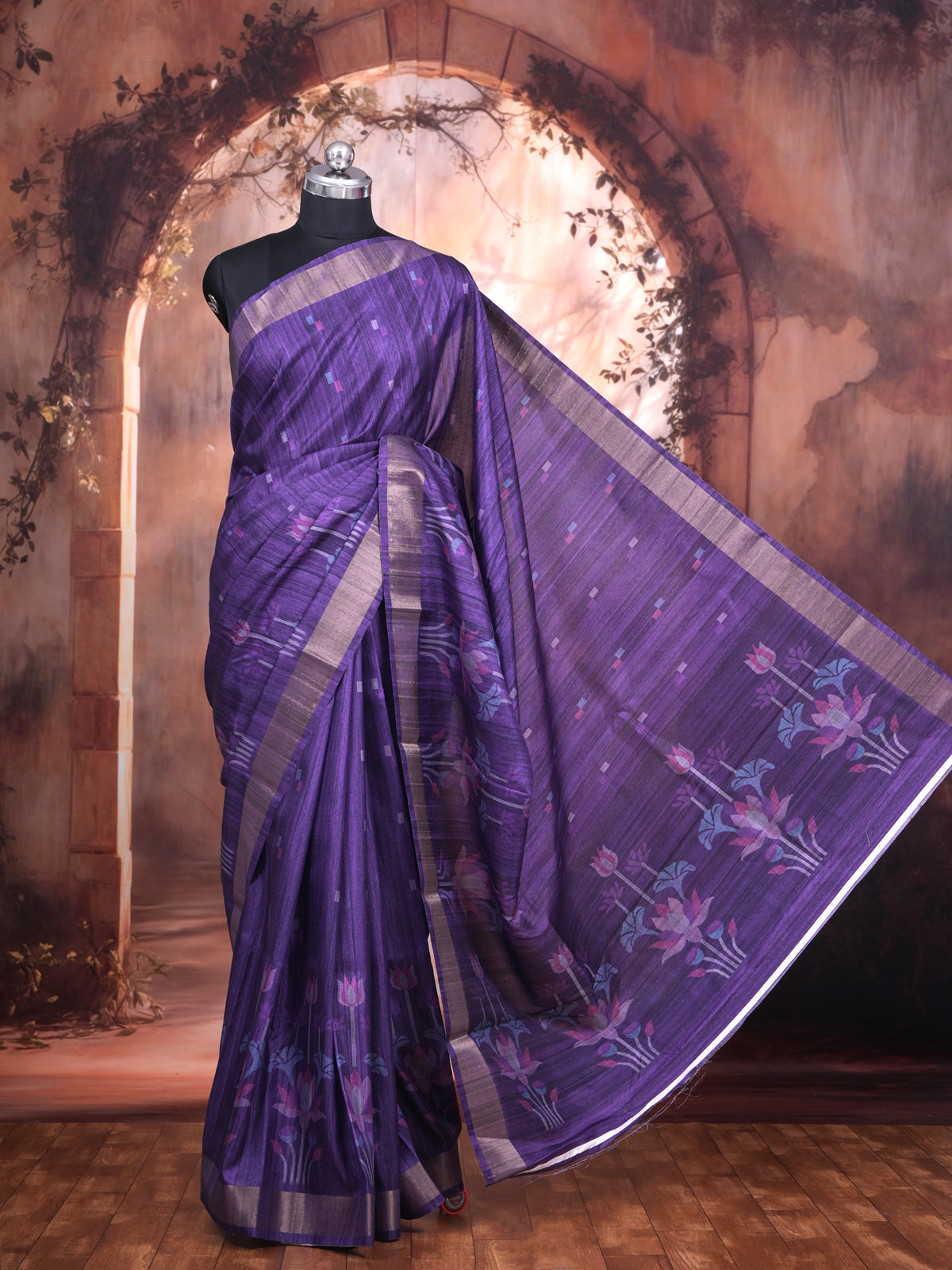 Purple with Floral- Semi Tussar Saree