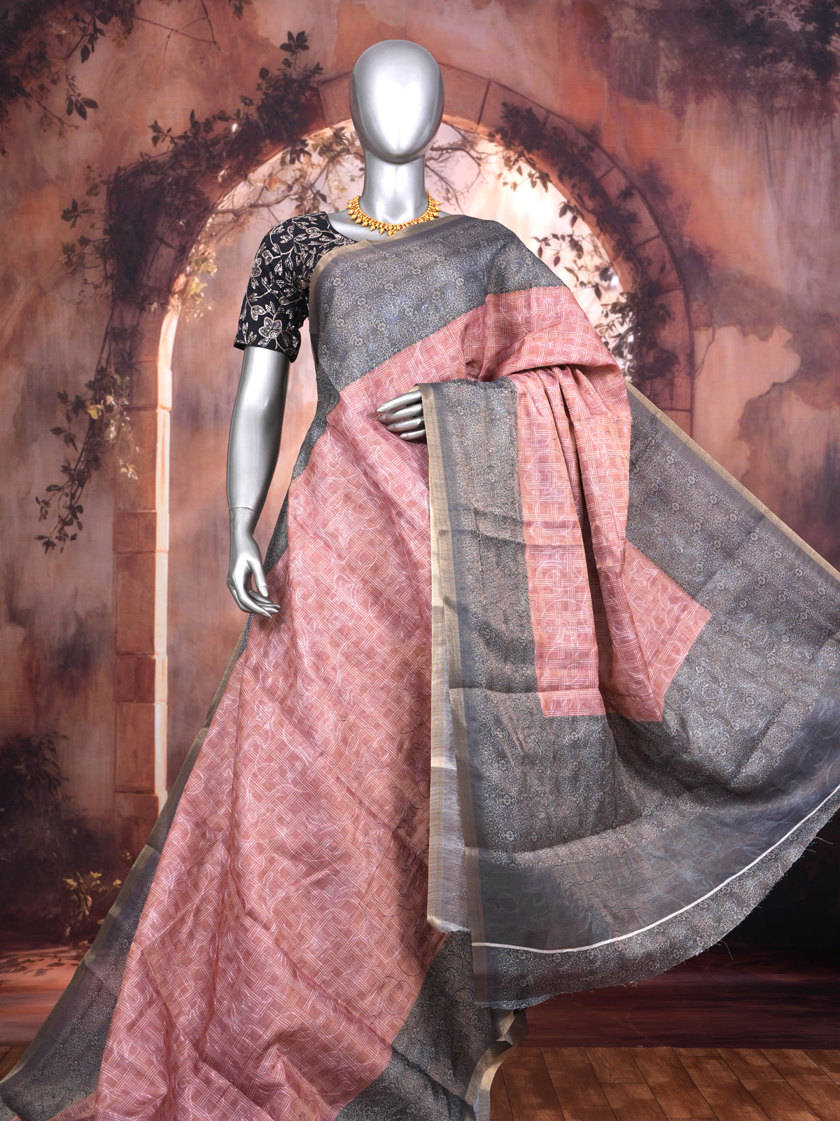 Dusty Pink with Charcoal Grey - Linen Cotton Saree