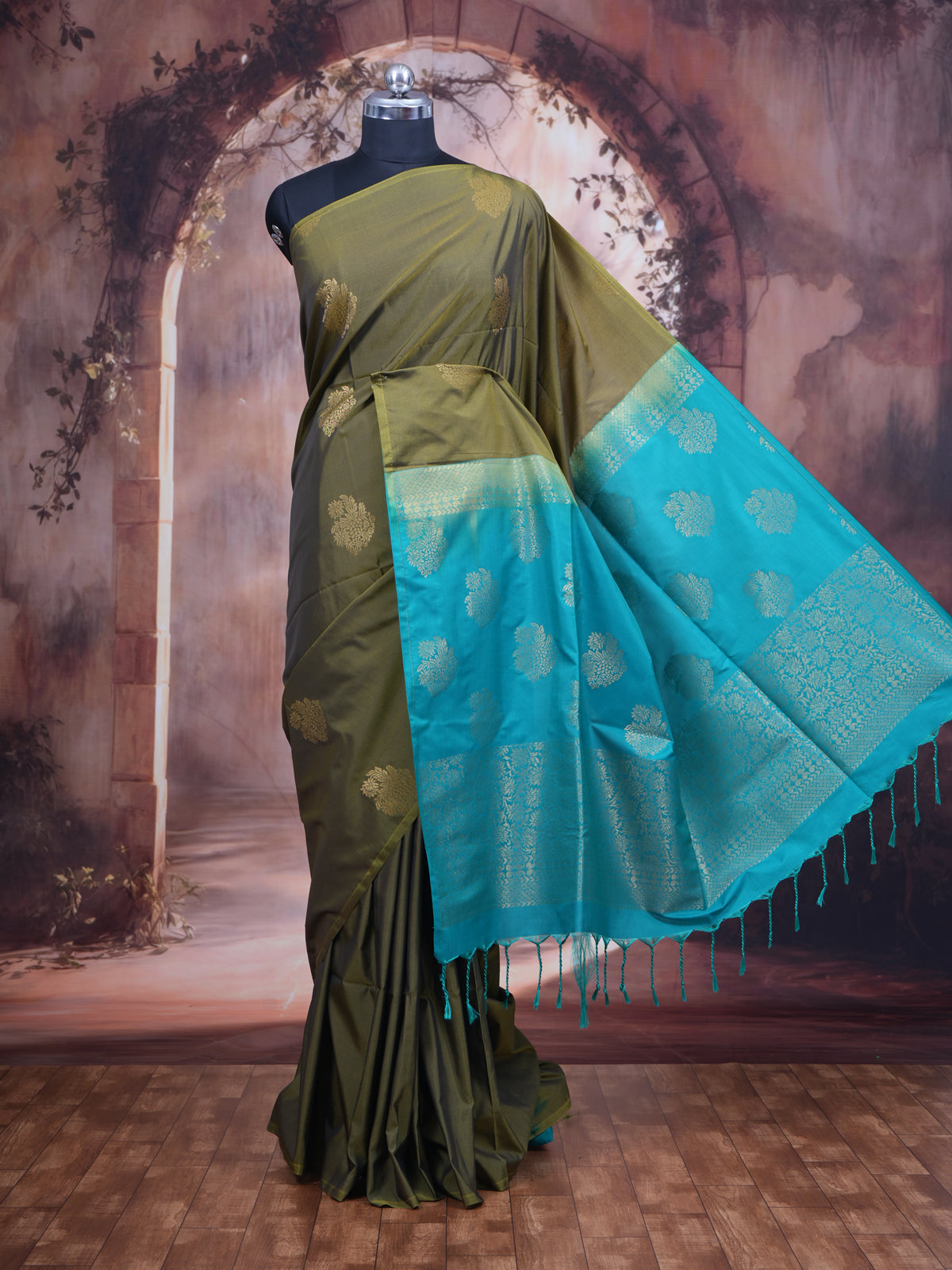 Olive Green With Blue Semi Silk Saree