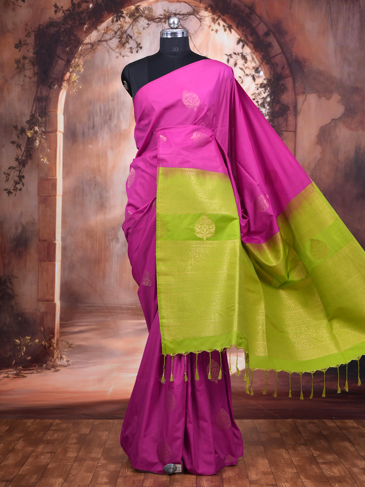 Rani Pink with Parrot Green Semi Silk Saree