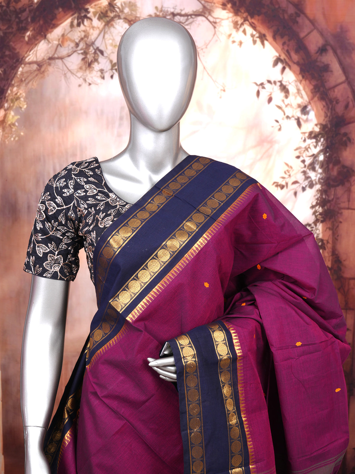 Magenta and Navy Blue Chettinad Cotton Saree