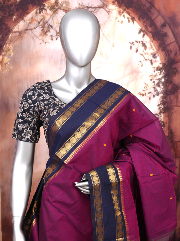 Magenta and Navy Blue Chettinad Cotton Saree
