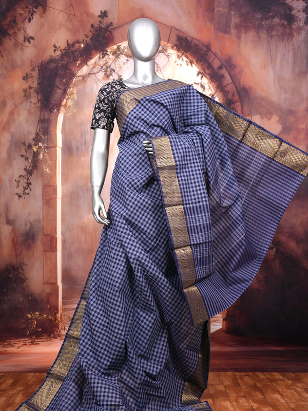 Blue and Grey Checked Chettinad Cotton Saree