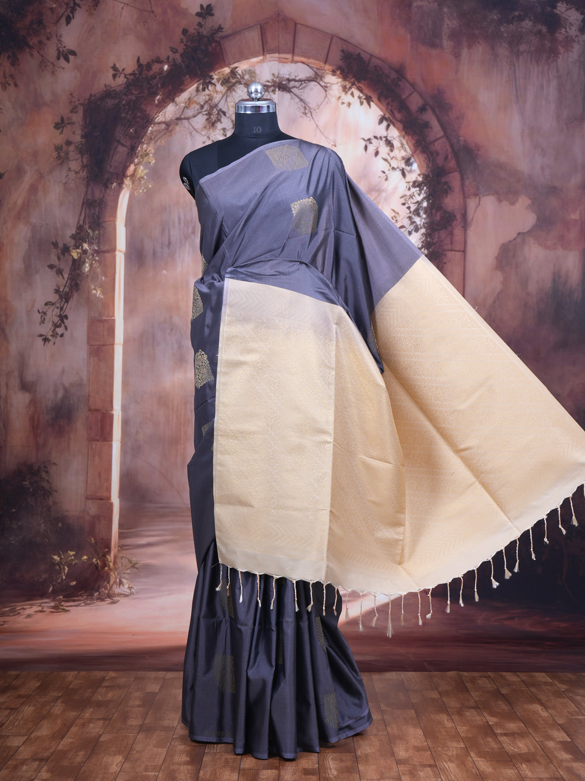 Charcoal Grey with Light Sandal Semi Silk Saree
