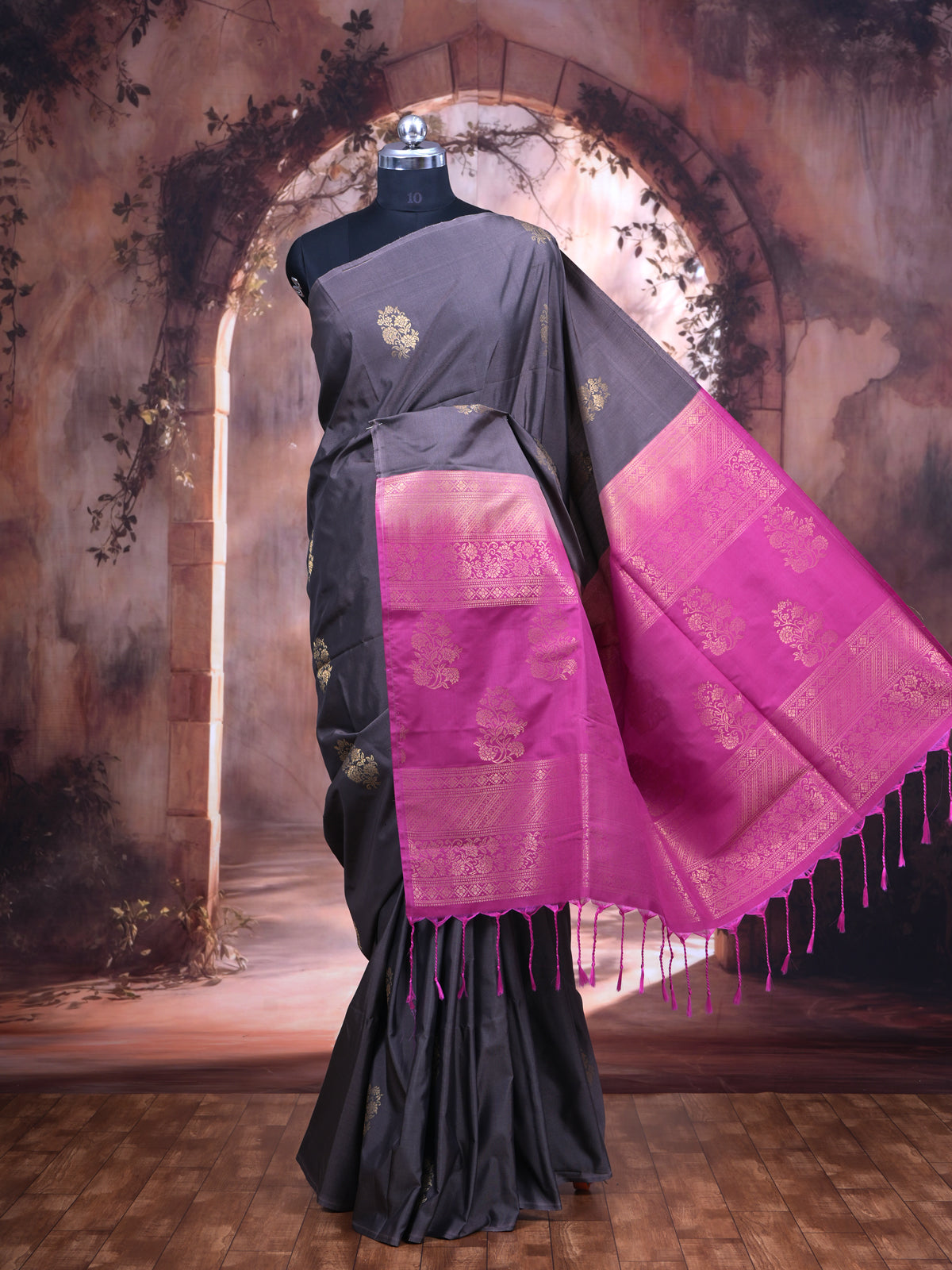 Deep Grey with Rani Pink Semi Silk Sarees