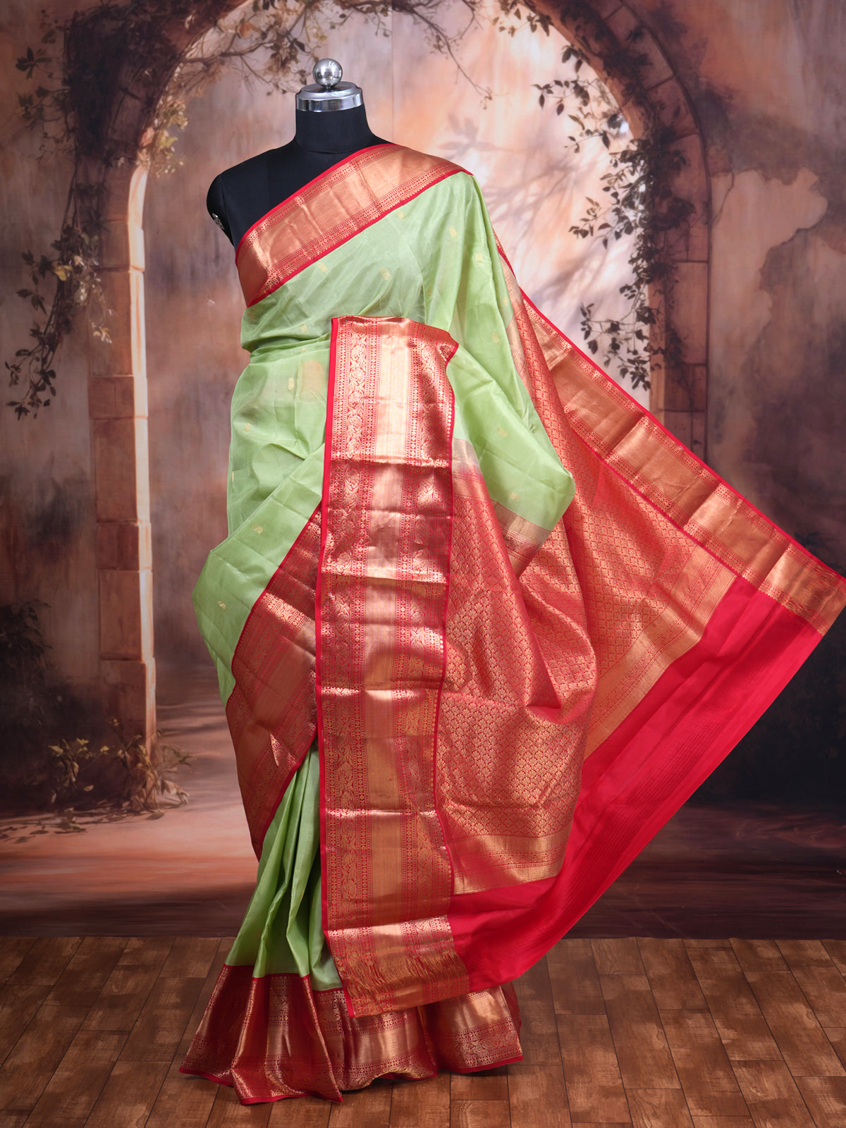 Light Green with Crimson Red - Pure Kanchipuram Silk Saree