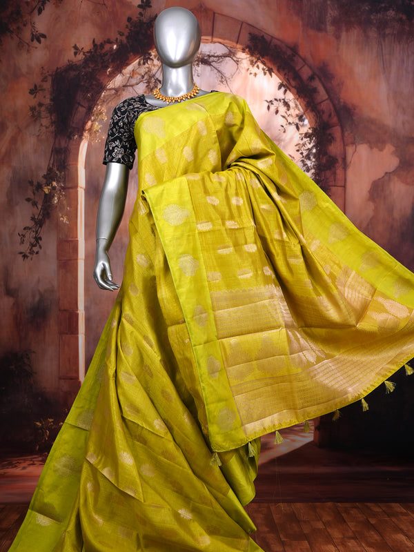 Olive Lime Green with Gold Zari - Semi Tussar Saree