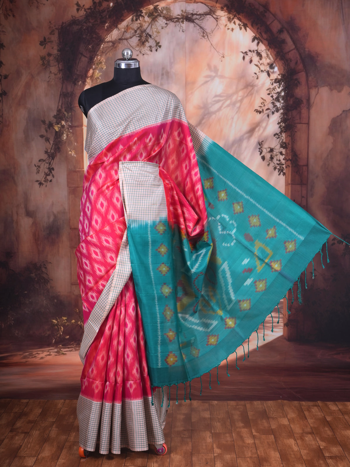 Pink and Cream with Teal Green - Pure Kanchipuram Silk Saree