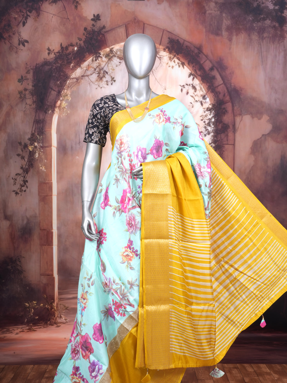 Sea Green with Yellow - Semi Raw Silk Saree