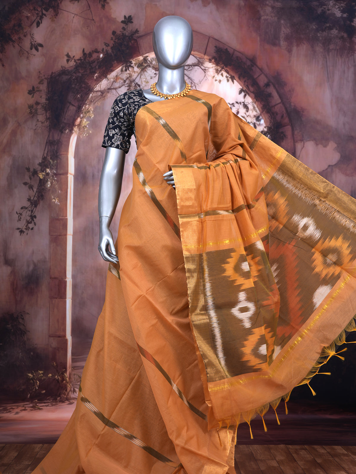 Mustard Yellow with Olive Green Pallu - Pochampalli Cotton Saree