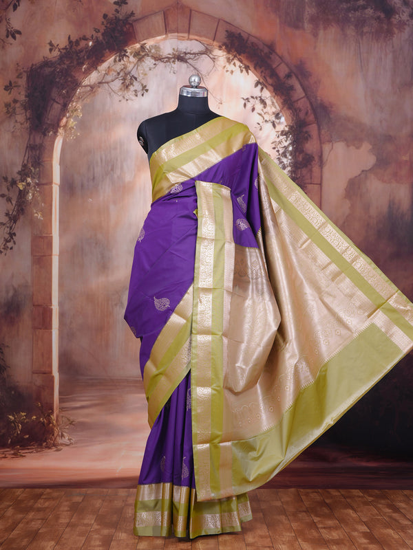 Purple Saree with Lime Green Kanchipuram Fancy Silk Saree