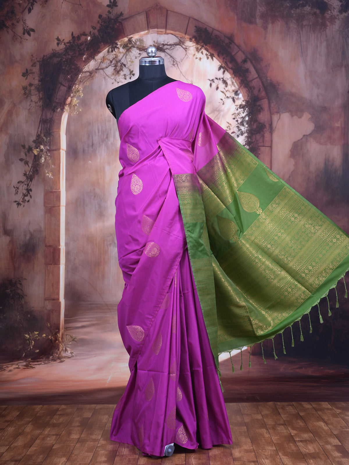 Magenta Pink with Olive Green Semi Silk Saree