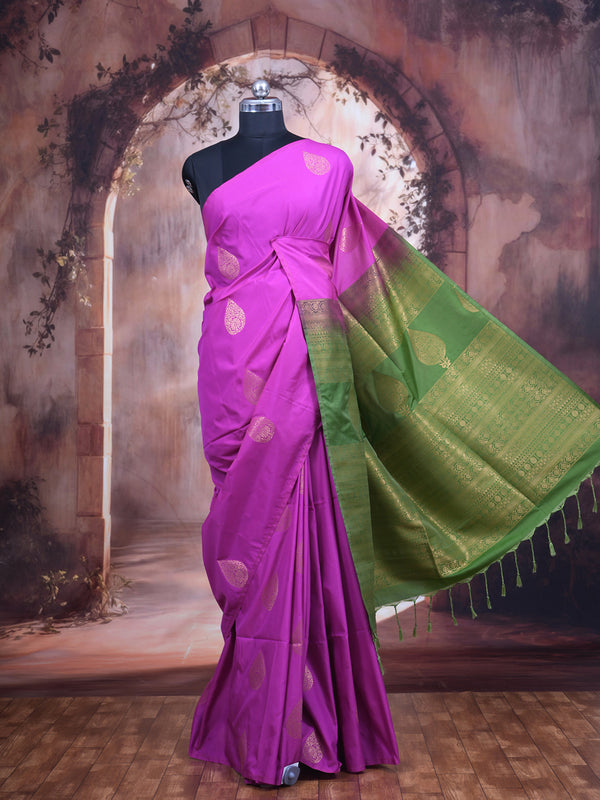 Magenta Pink with Olive Green Semi Silk Saree