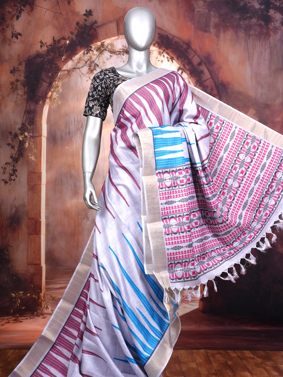 Light Grey with Multicolor Munthi Dola Silk Saree