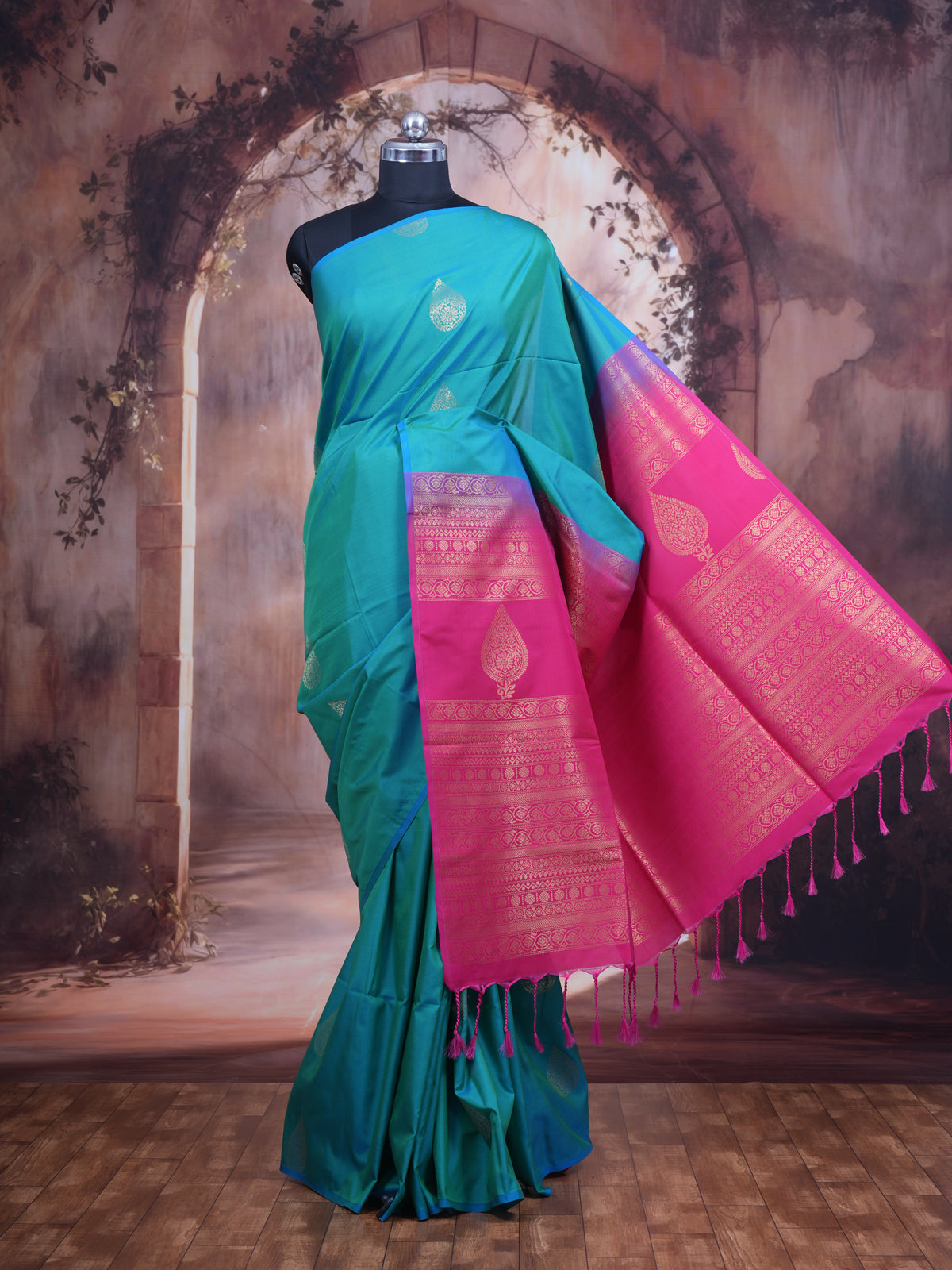 Rama Green With Pink Semi Silk Saree