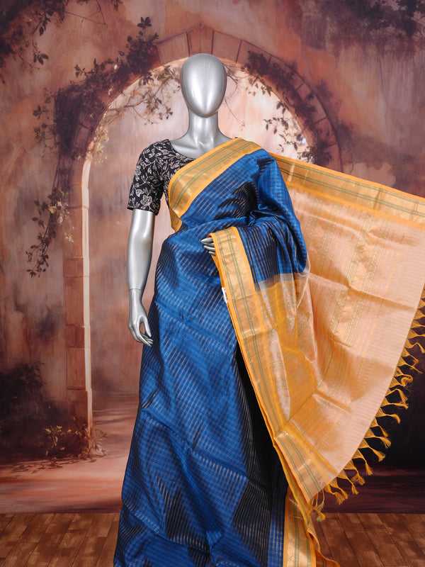 Royal Blue Pure Silk Cotton Saree with Mustard Yellow Zari Border