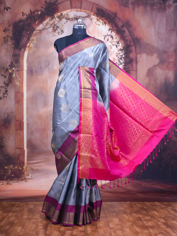 Luxury Grey and Pink Kanchipuram pure Silk Saree