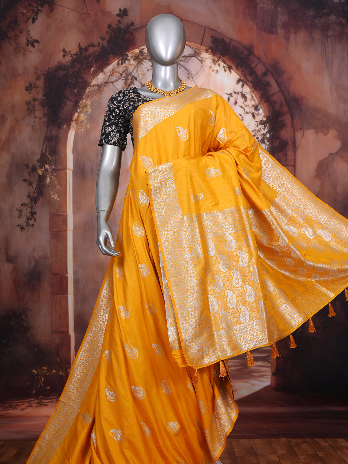 Mustard Yellow with Silver Zari - Semi Tussar Saree