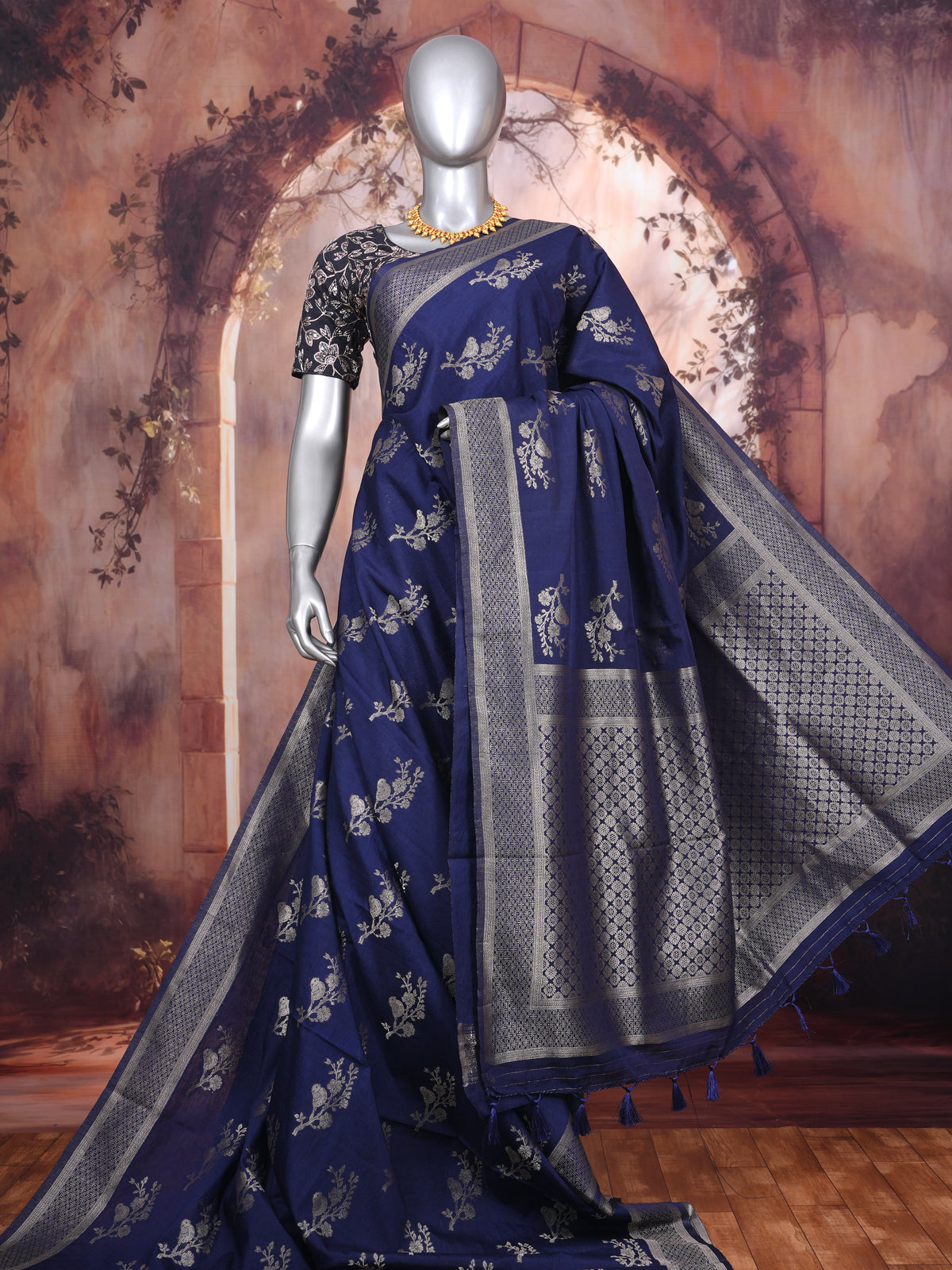 Navy Blue with Silver - Semi Tussar Saree