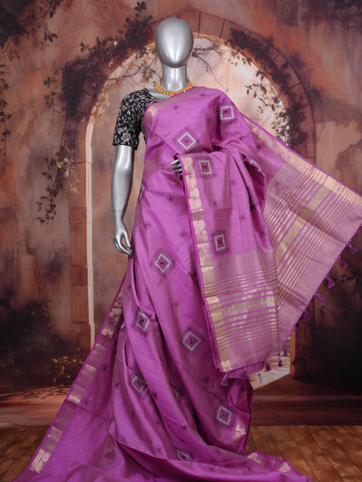 Orchid Pink with Gold - Semi Tussar Saree