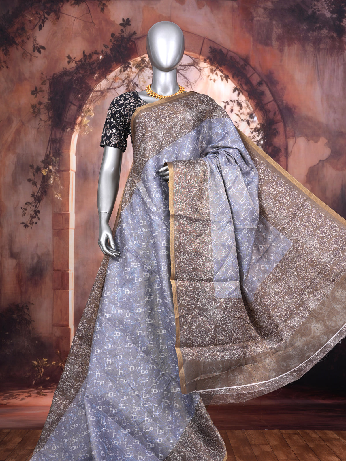 Ice Blue with Muted Bronze - Linen Cotton Saree