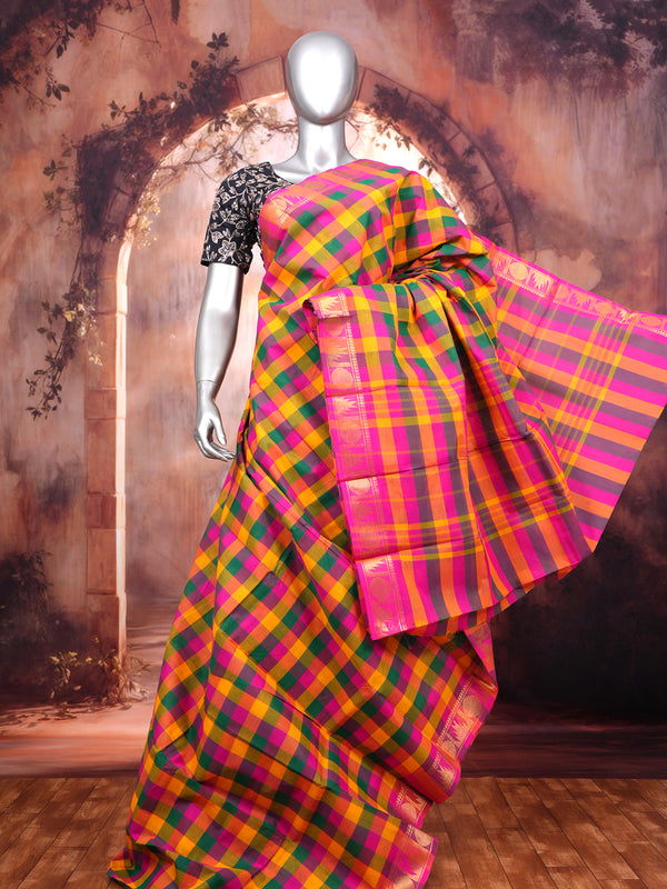 Multicolor Plaid and Pink Chettinad Cotton Saree