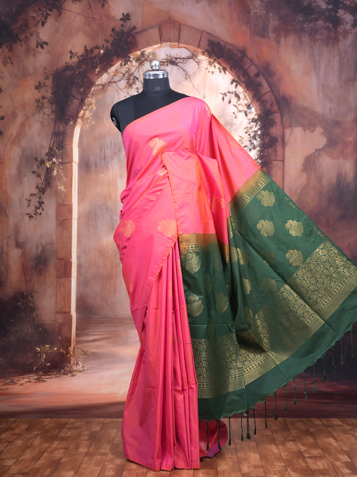 Peach - Pink with Bottle Green Semi Silk Saree