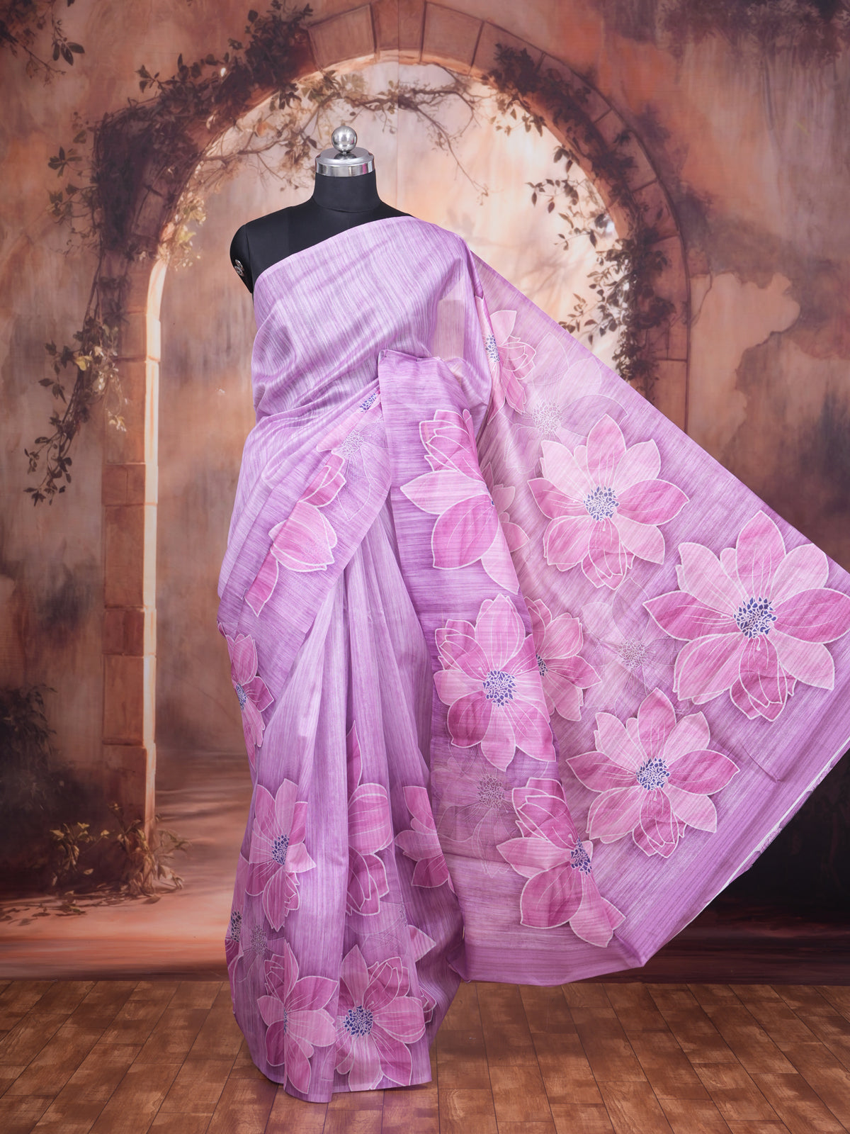 Lavender with Pink Floral Pallu - Semi Tussar Saree