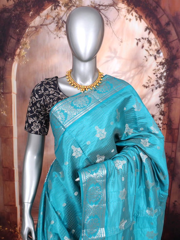 Turquoise Blue with Silver - Semi Tussar Saree