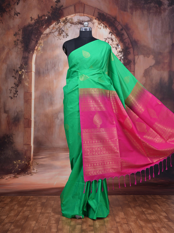 Leaf Green with Rani Pink Semi Silk Saree