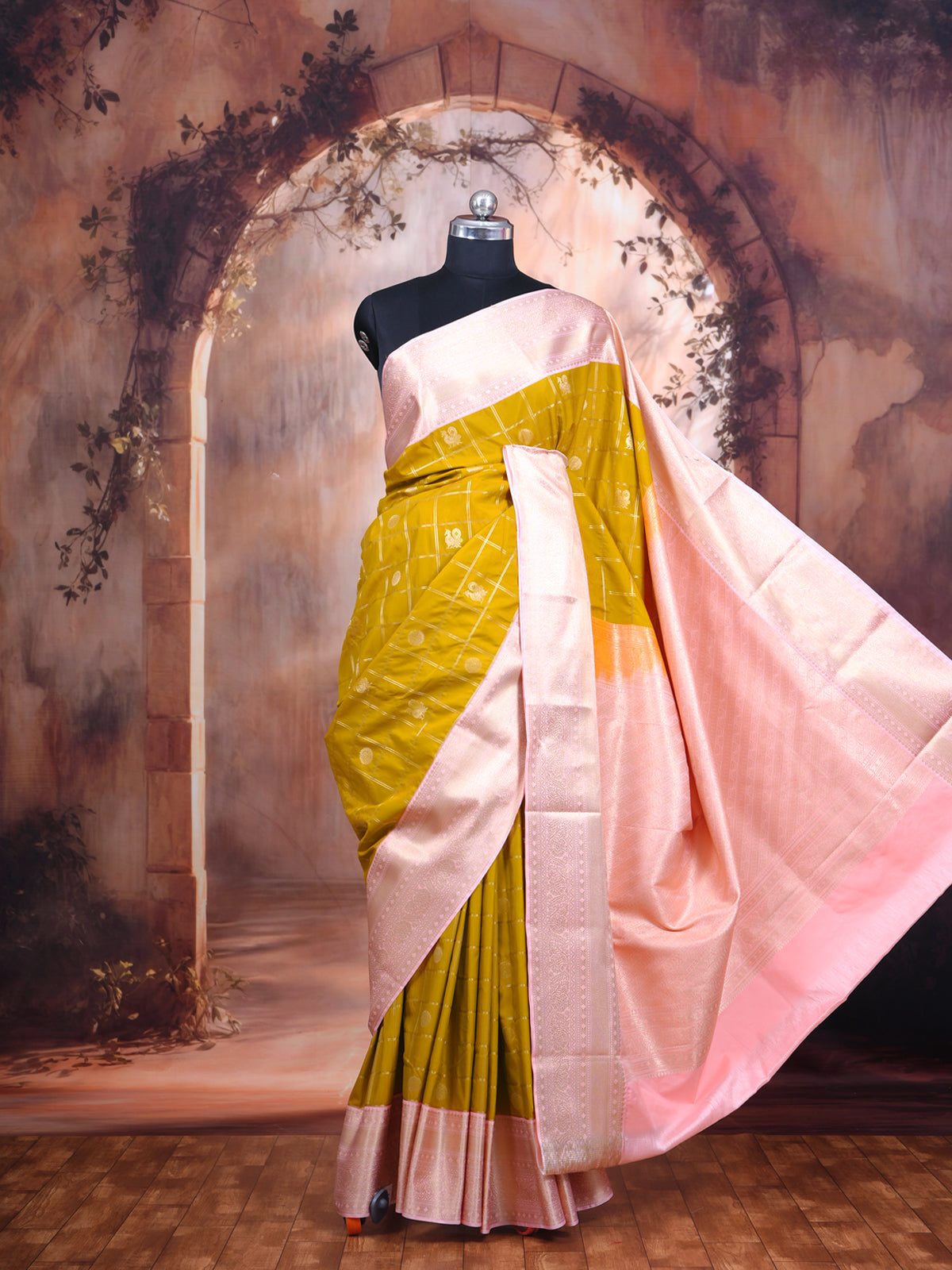 Mustard Green with Pastel Pink Kanchipuram Fancy Silk Saree