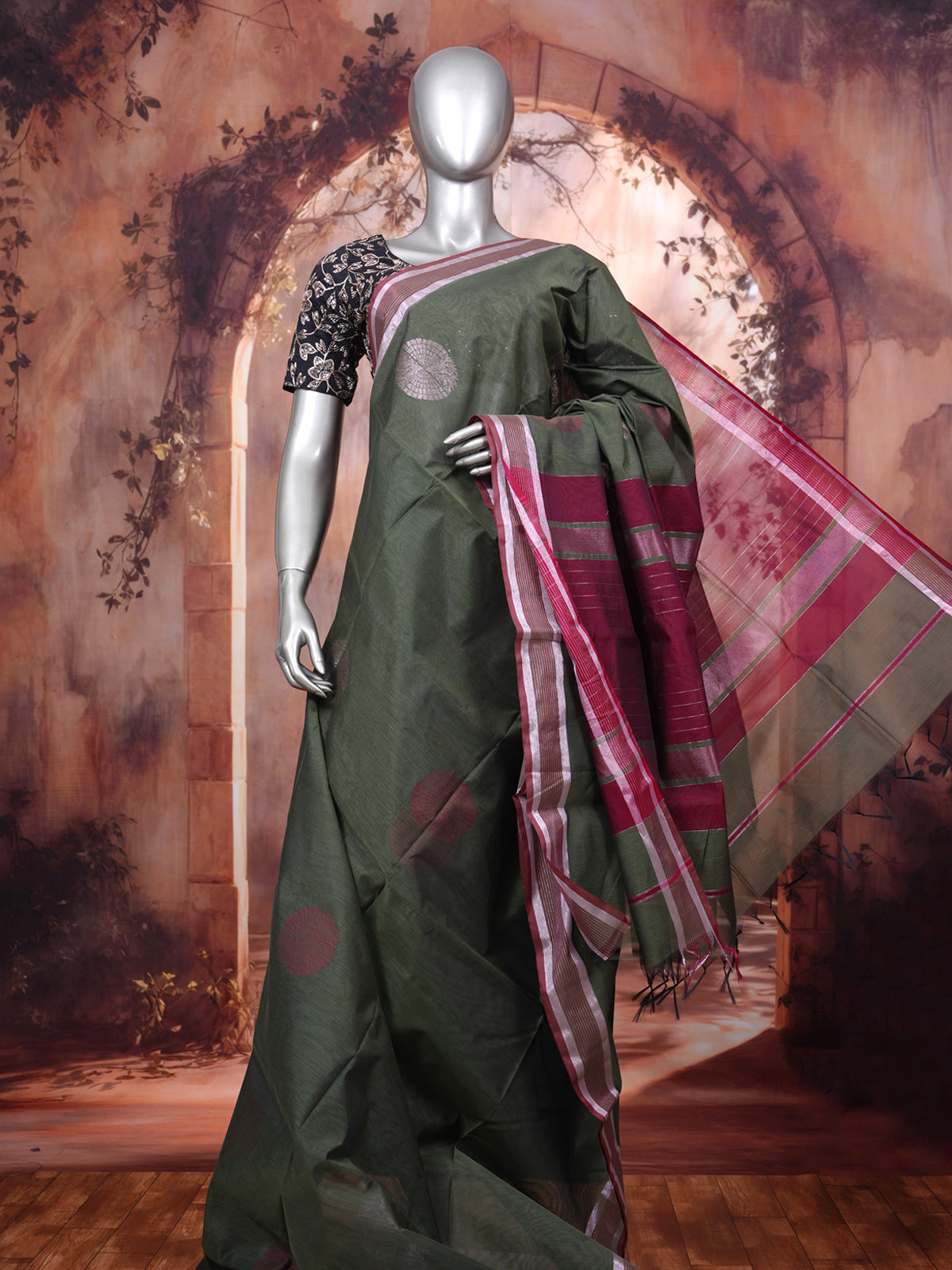 Olive Green with Magenta Silk Cotton Saree