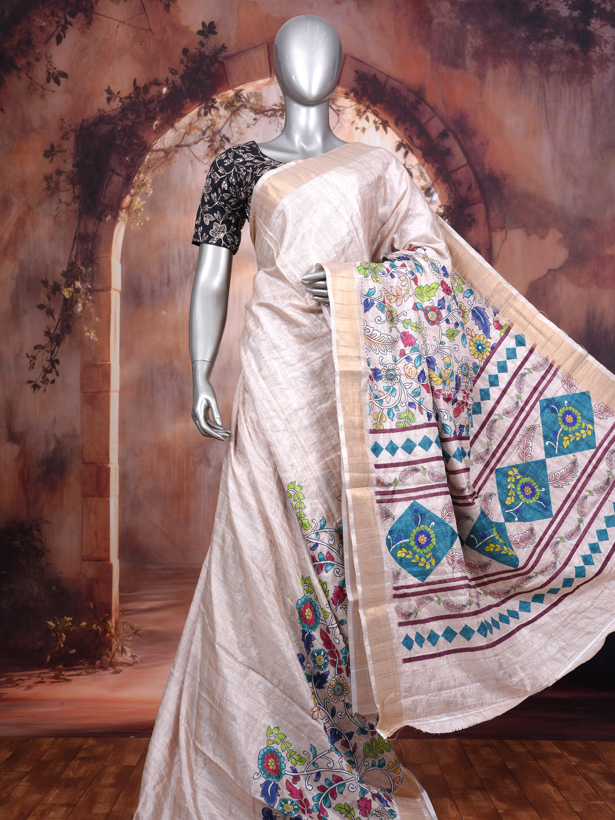 Silver Grey Dola Silk Saree with Multicolour Munthi & Floral Art