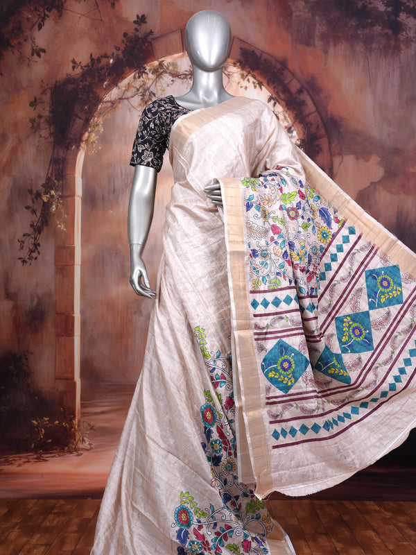Silver Grey Dola Silk Saree with Multicolour Munthi & Floral Art