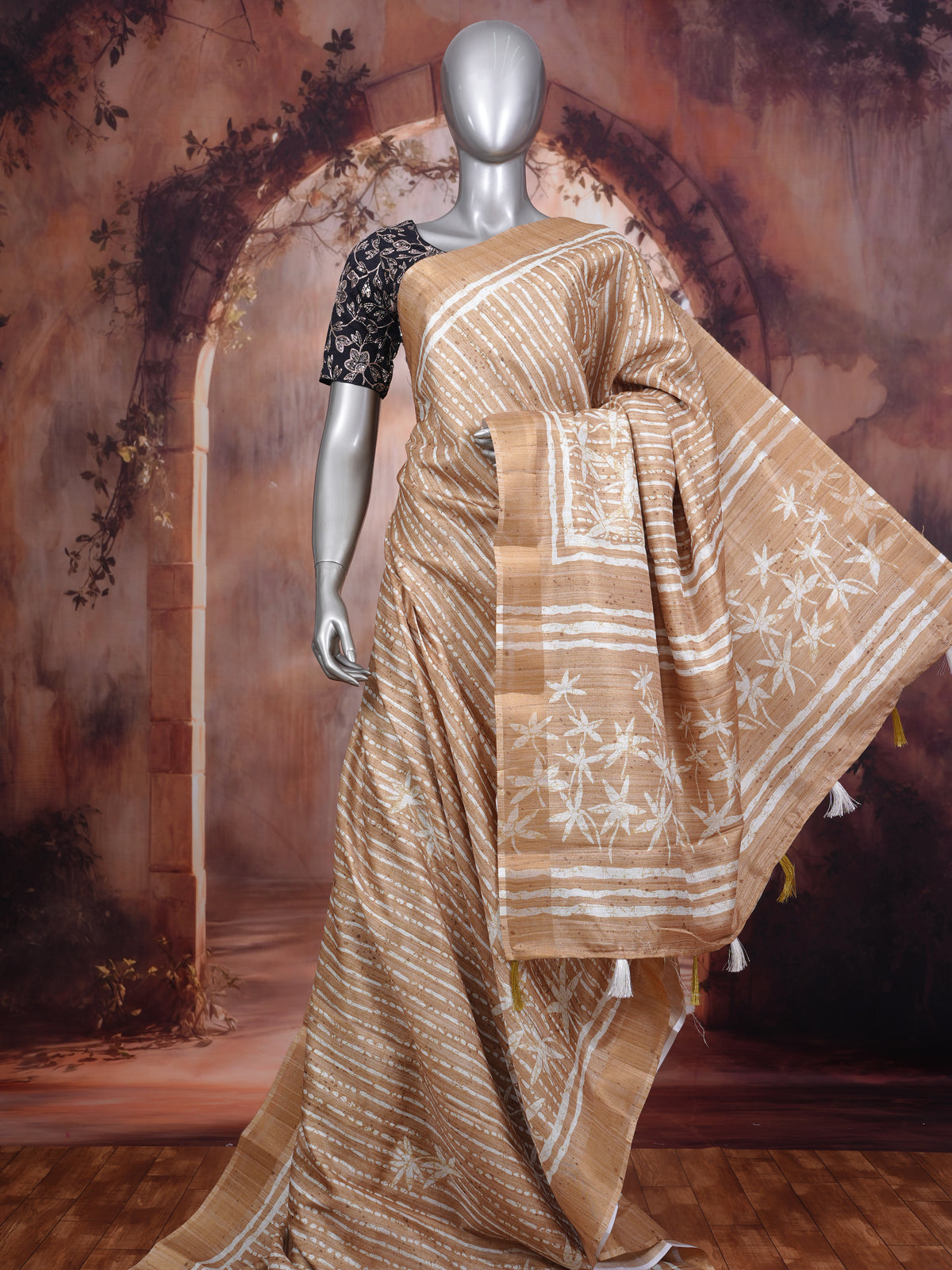 Beige and White Dola Silk Saree