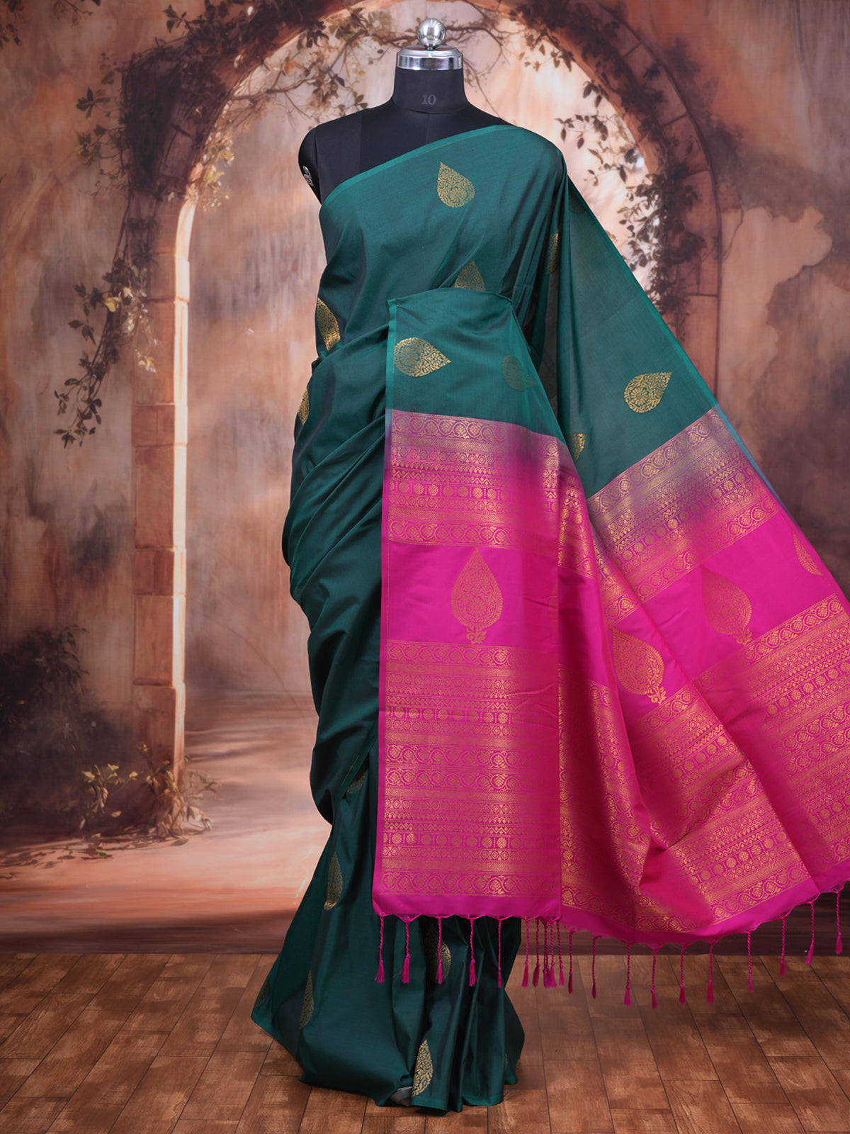 Bottle Green with Rani Pink Semi Silk Saree