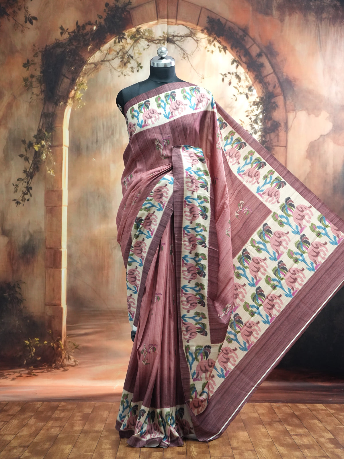 Mauve Pink with Off-White Elephant Motifs - Semi Tussar Saree