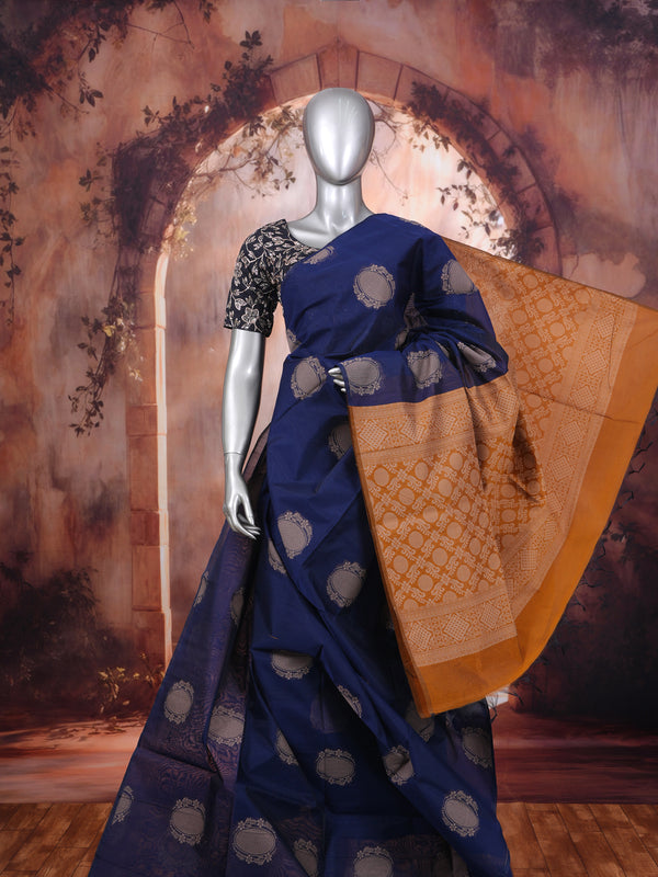 Navy Blue with Mustard Silk Cotton Saree
