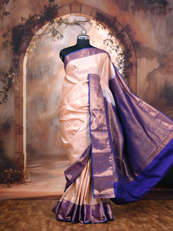 Light Gold Saree with Royal Blue Kanchipuram Fancy Silk Saree