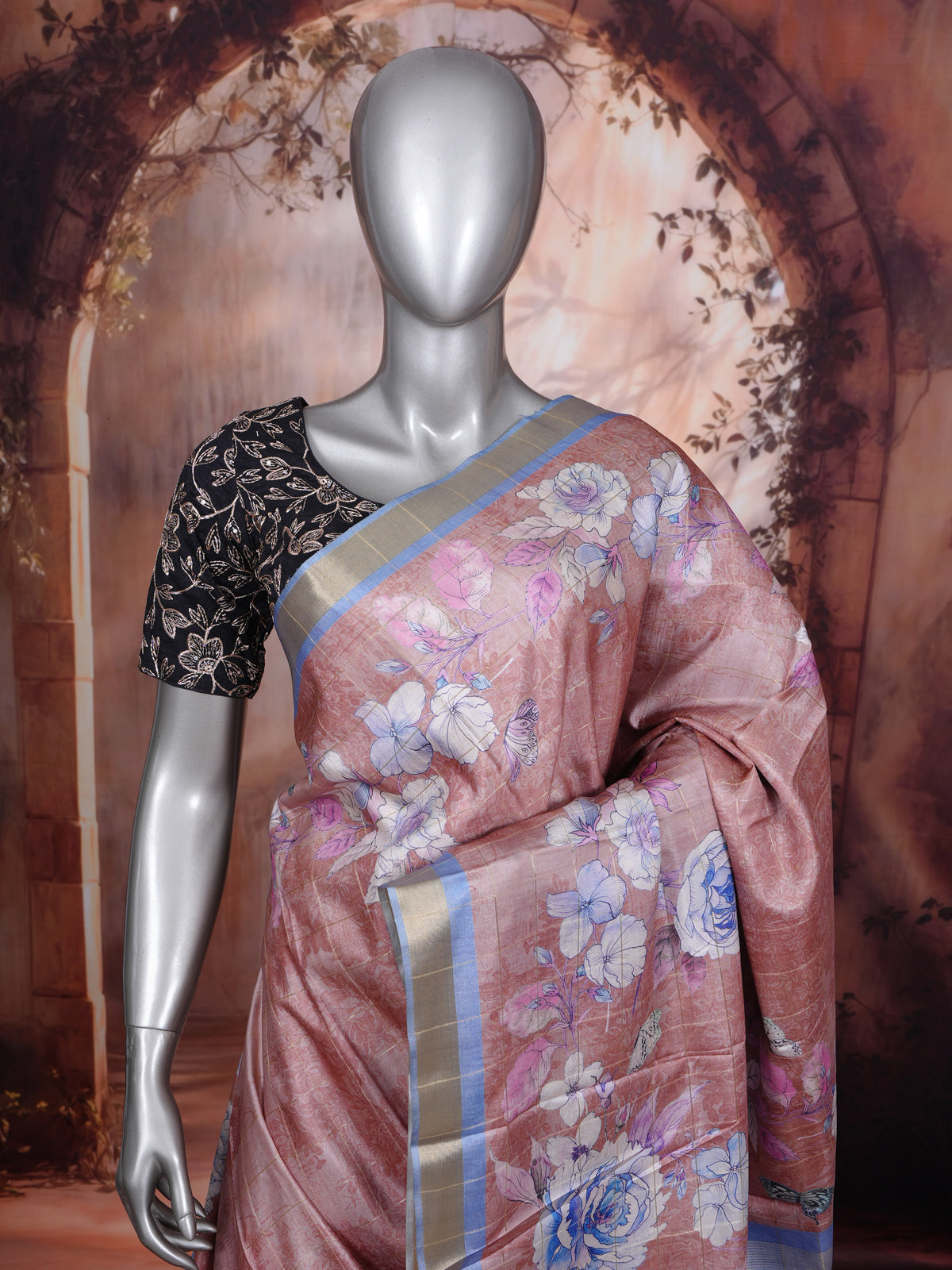 Rose Gold and Pastel Blue Dola Silk Saree